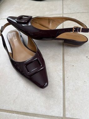 Burgundy Patent Pointed Slingback Flats with Buckle